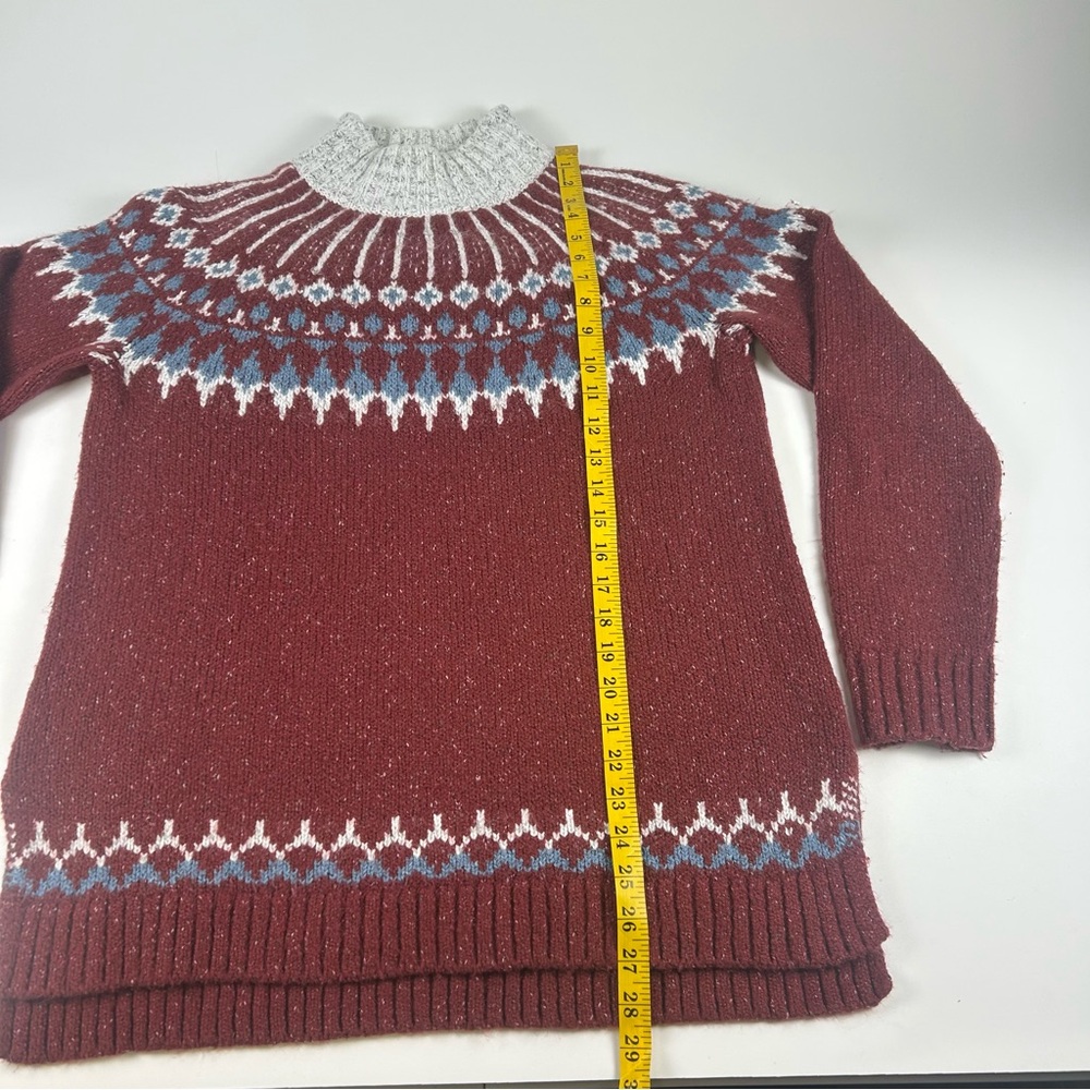 LL Bean WMNS SZ M Nordic Fair Isle Harbor Mock Neck Burgendy White Yoke Pattern - Picture 5 of 6